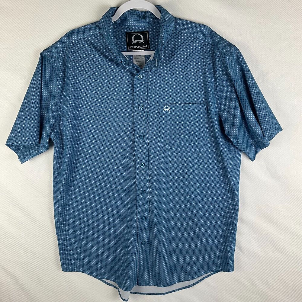 Cinch Mens Large Short Sleeve Button Down Shirt Blue Starburst Polka Dot